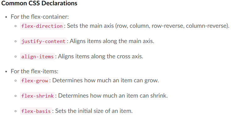 common css declarations for flexbox layout.