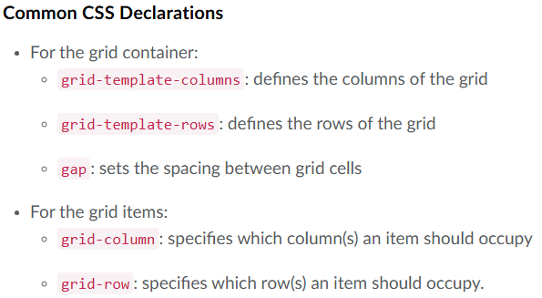 common css declarations for grid layout.